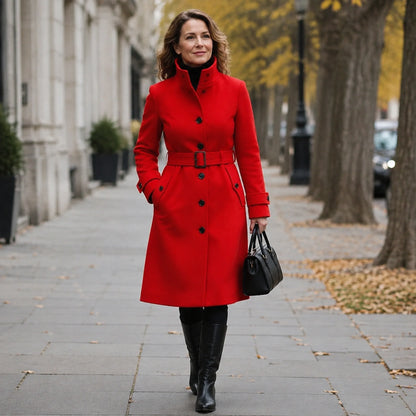 Woman wearing the Amelia red coat on an autumn city street — view 5