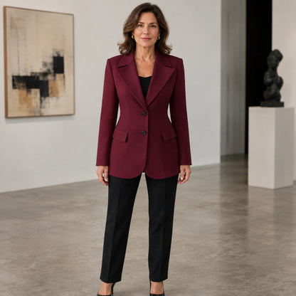 red coat — Aurora tailored burgundy red blazer complete front view