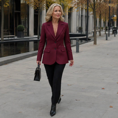 red coat — Woman wearing the Aurora burgundy blazer in an autumn city setting — view 5