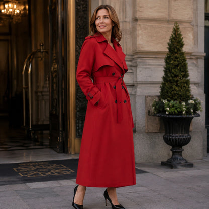 red coat — Chloe long red trench coat three quarter side view — view 2