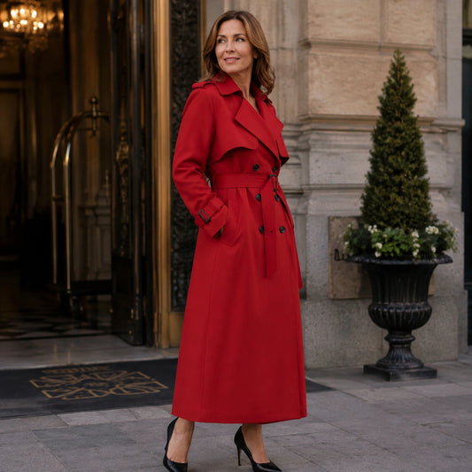 red coat — Chloe long red trench coat three quarter side view — view 2