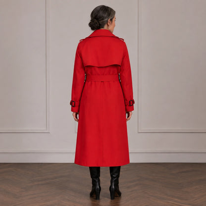 red coat — Chloe belted red trench coat direct back view — view 3