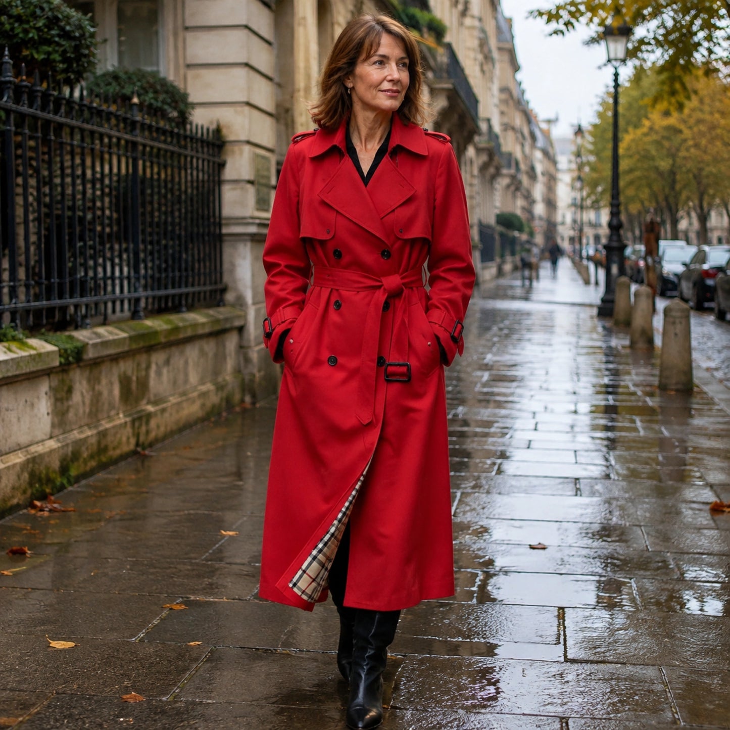red coat — Woman wearing the Chloe red trench coat on a rain fresh city street — view 5