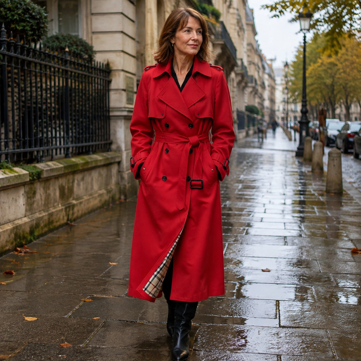 red coat — Woman wearing the Chloe red trench coat on a rain fresh city street — view 5