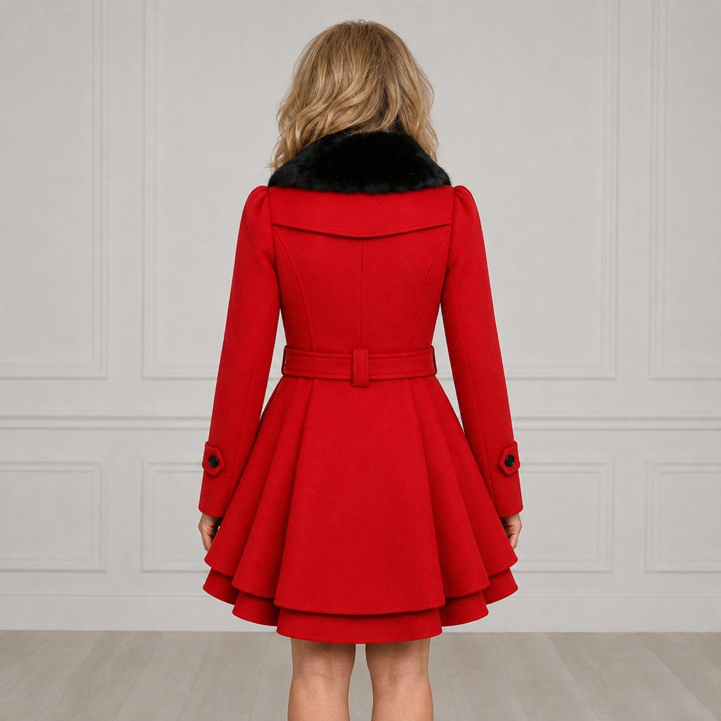 Isabella red coat direct back and layered hem view — view 3