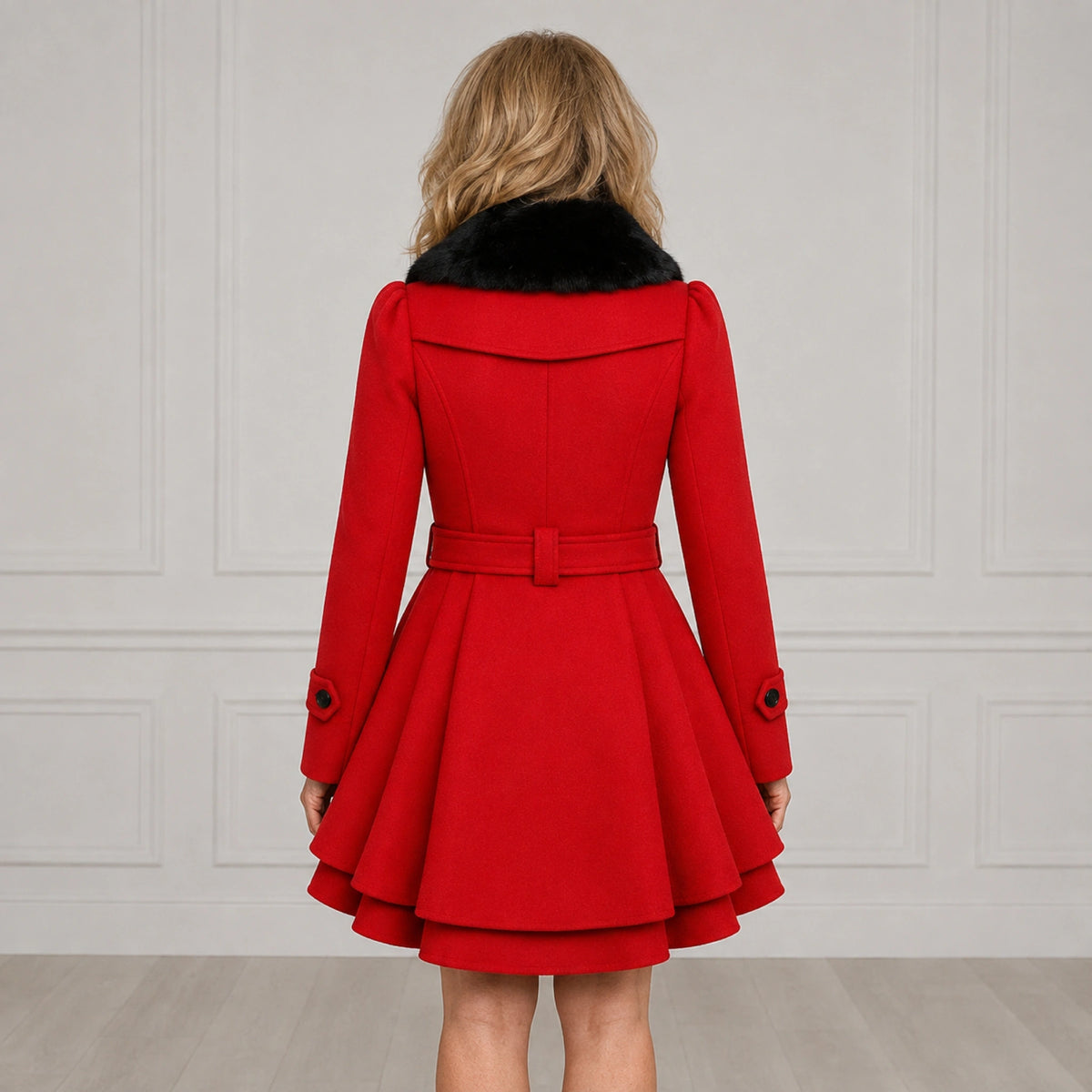 Isabella red coat direct back and layered hem view — view 3