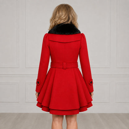 Isabella red coat direct back and layered hem view — view 3