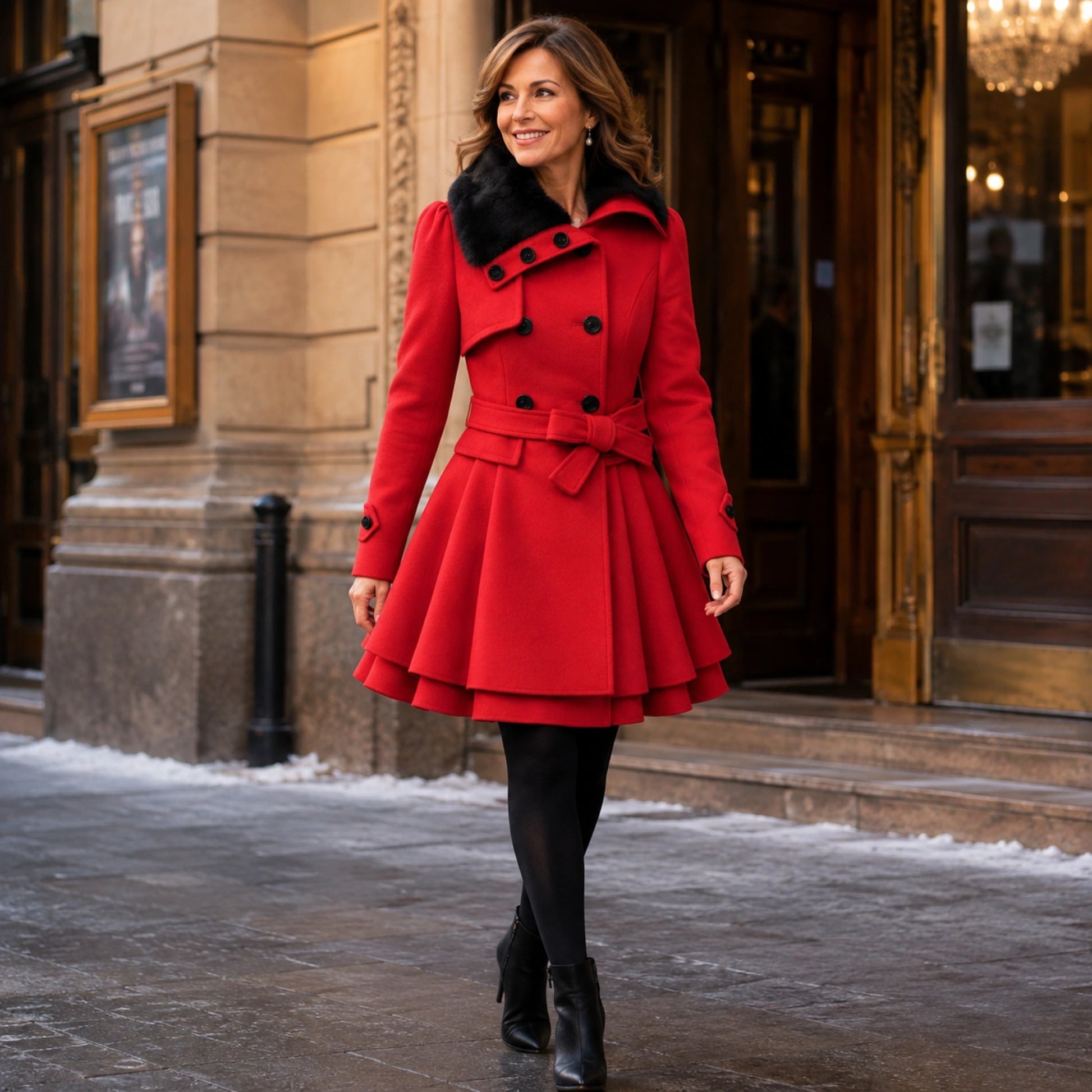 Woman wearing the Isabella red coat outside a theatre in winter — view 5