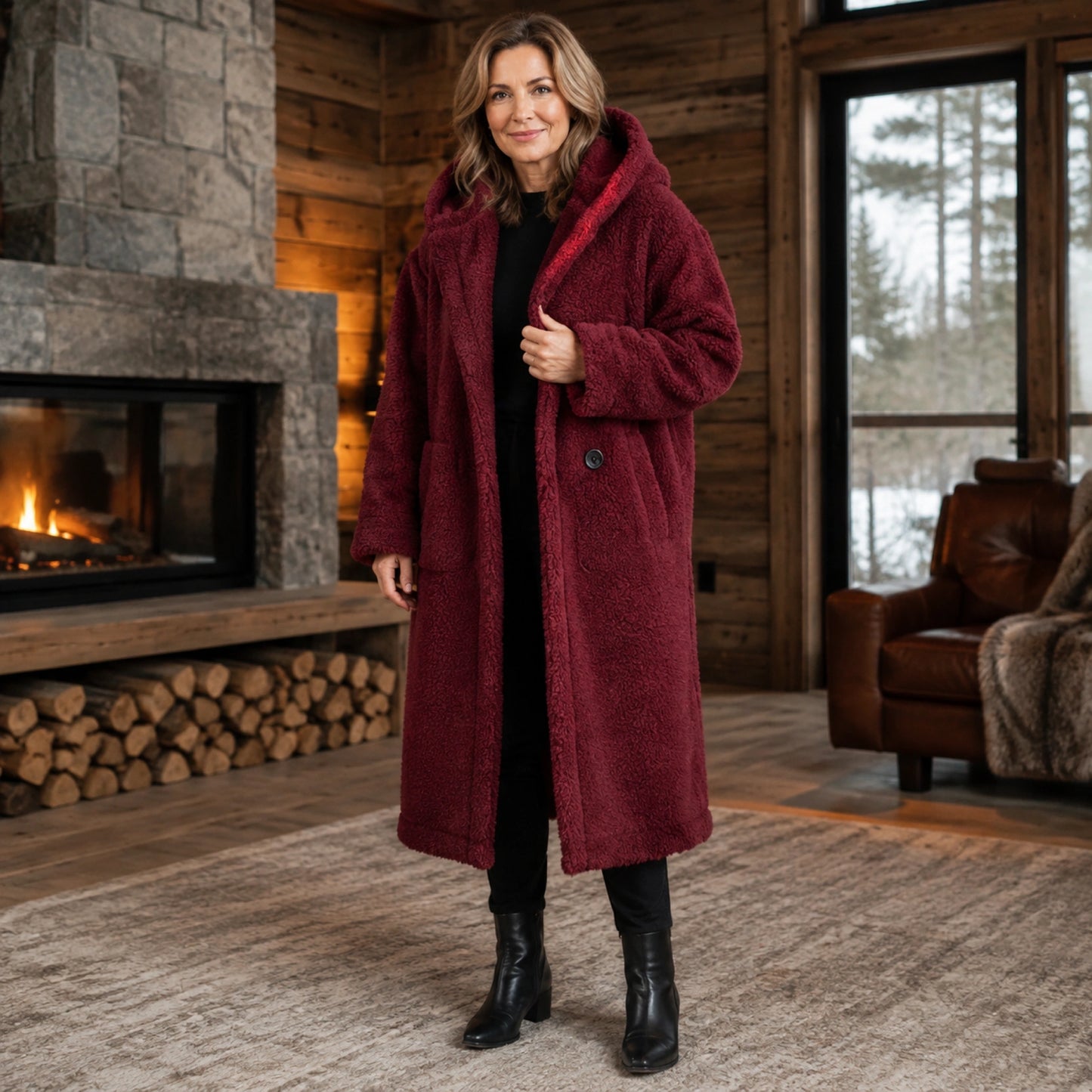 Olivia oversized hooded teddy red coat complete front view