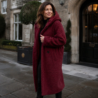 red coat — Olivia deep red teddy coat worn in a three quarter side view — view 2