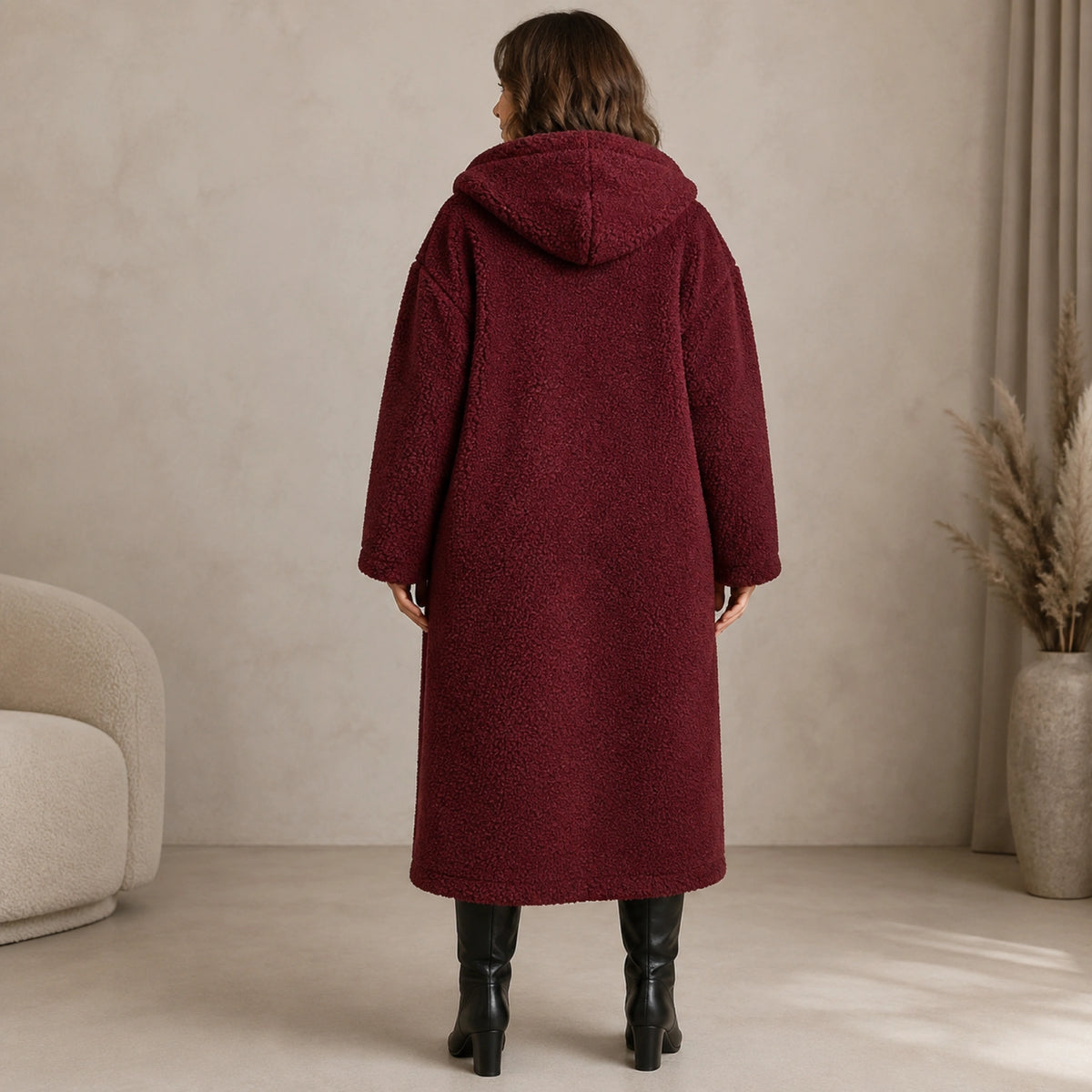 Olivia hooded red coat direct back view worn by model — view 3