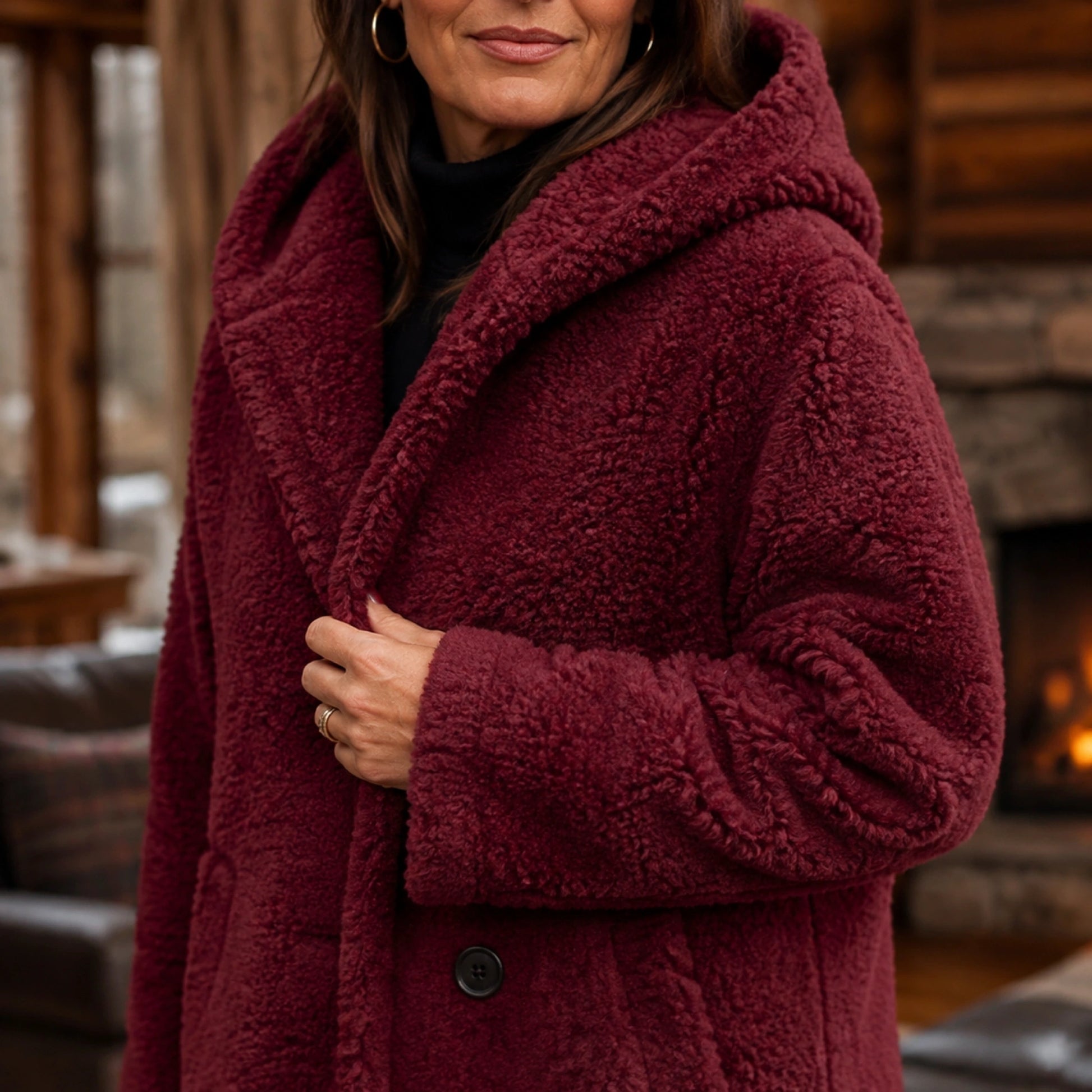 red coat — Olivia red teddy coat plush hood sleeve and button detail — view 4