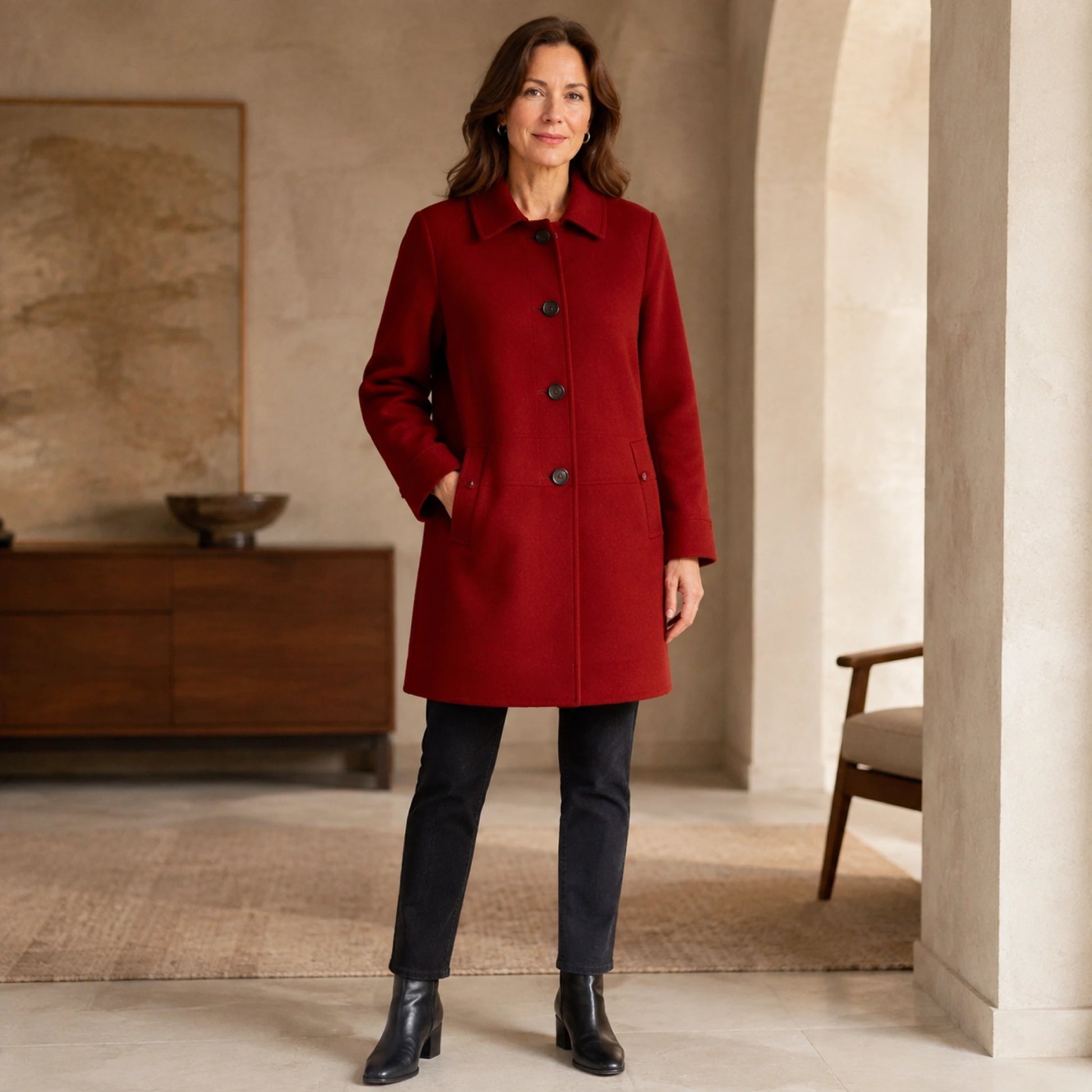 red coat — Stella deep red wool blend coat complete front view on a mature woman