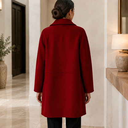 red coat — Stella deep red wool blend coat direct back view — view 3