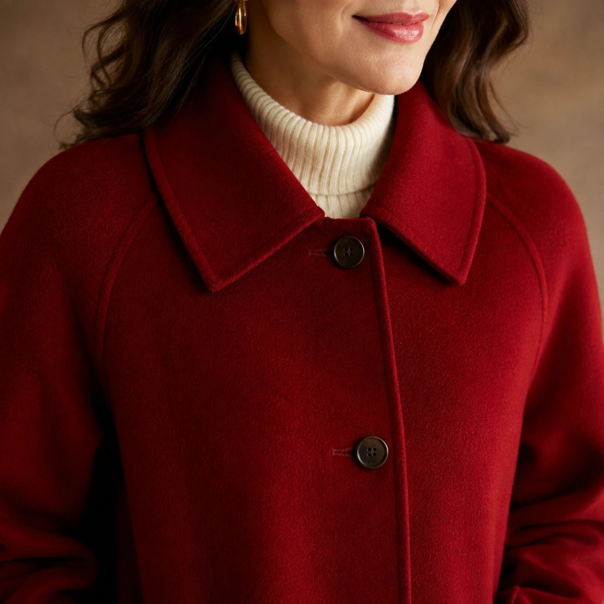 Stella red coat collar button and wool texture detail — view 4