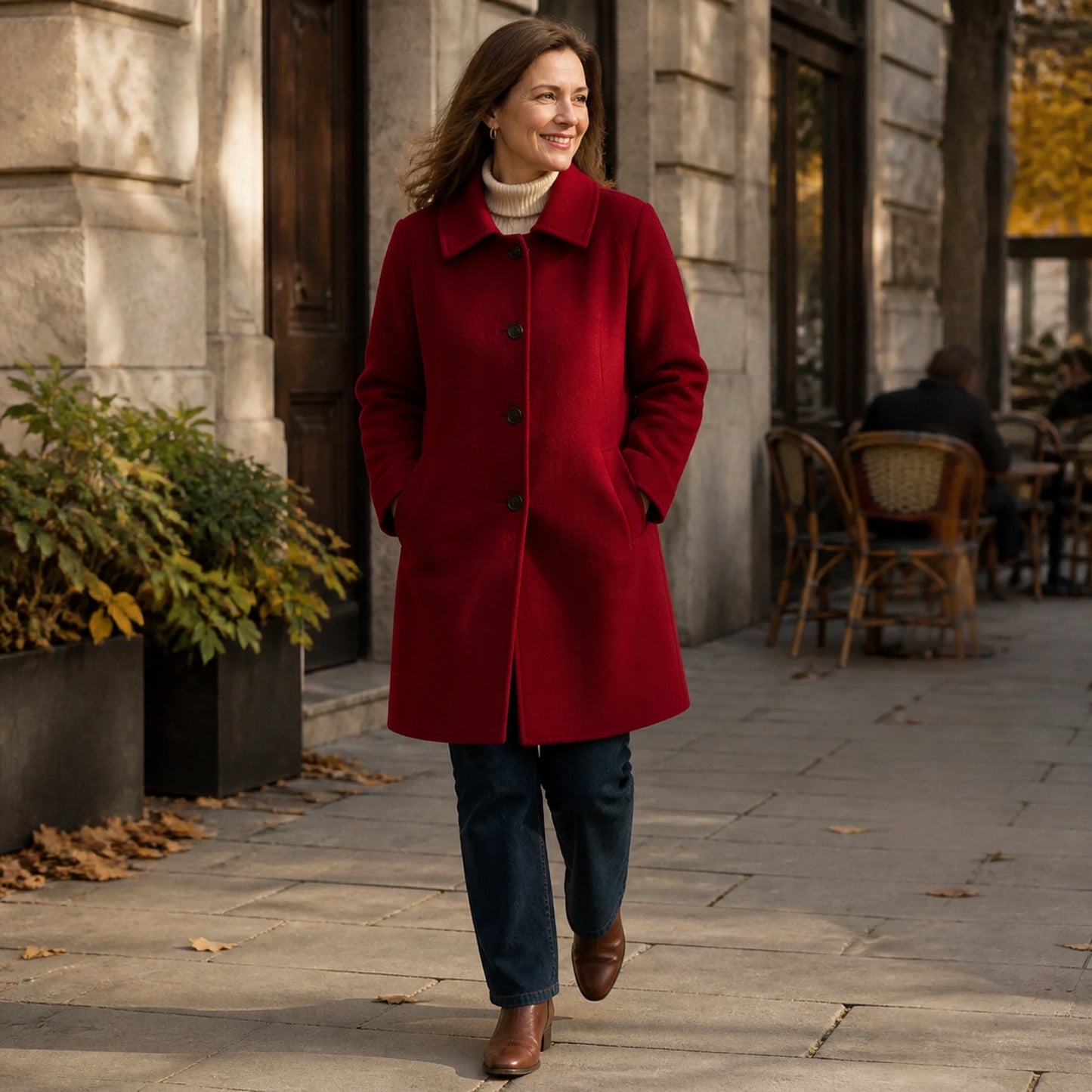 Mature woman wearing the Stella red coat on an autumn city street — view 5