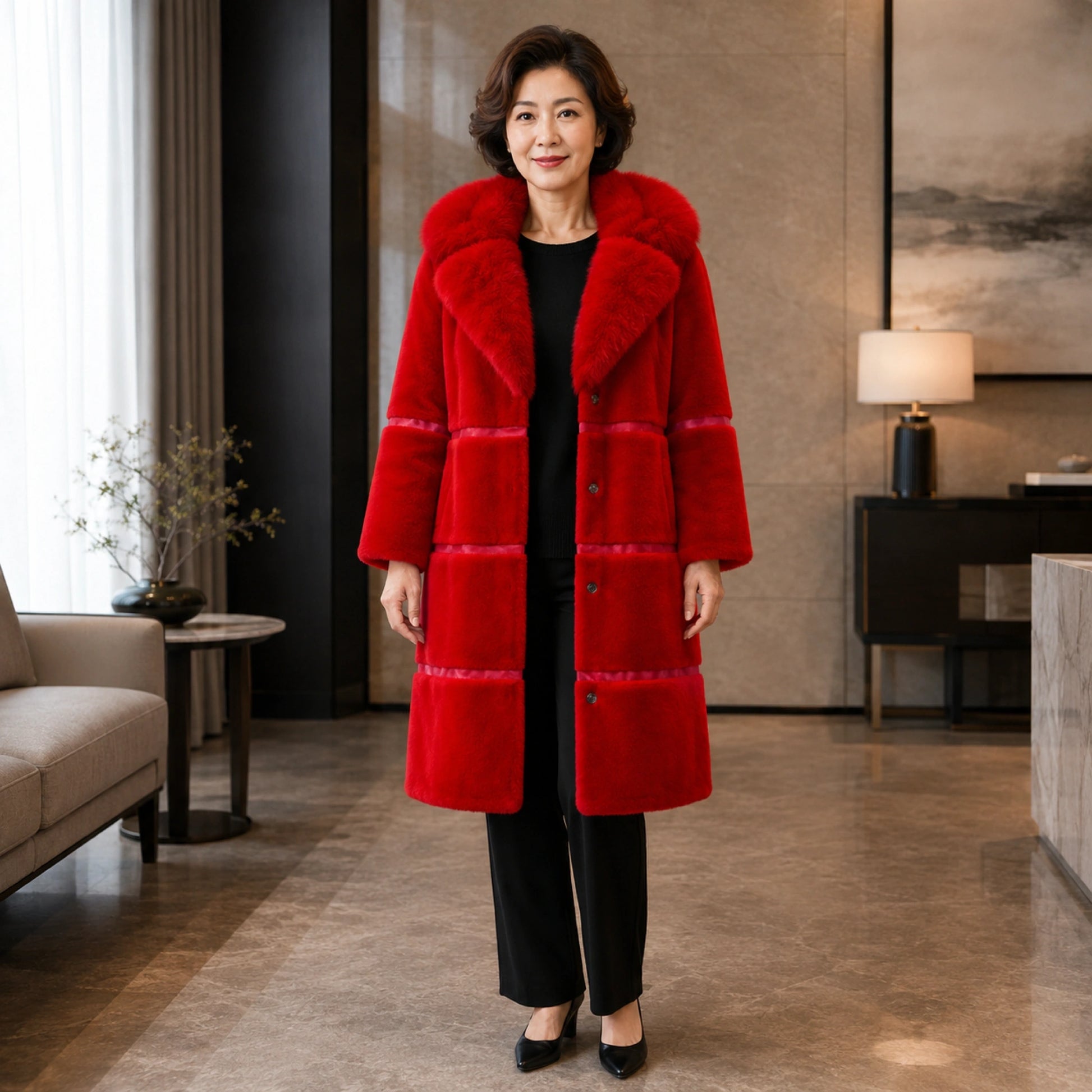 Stella plush faux fur collar red coat complete front view