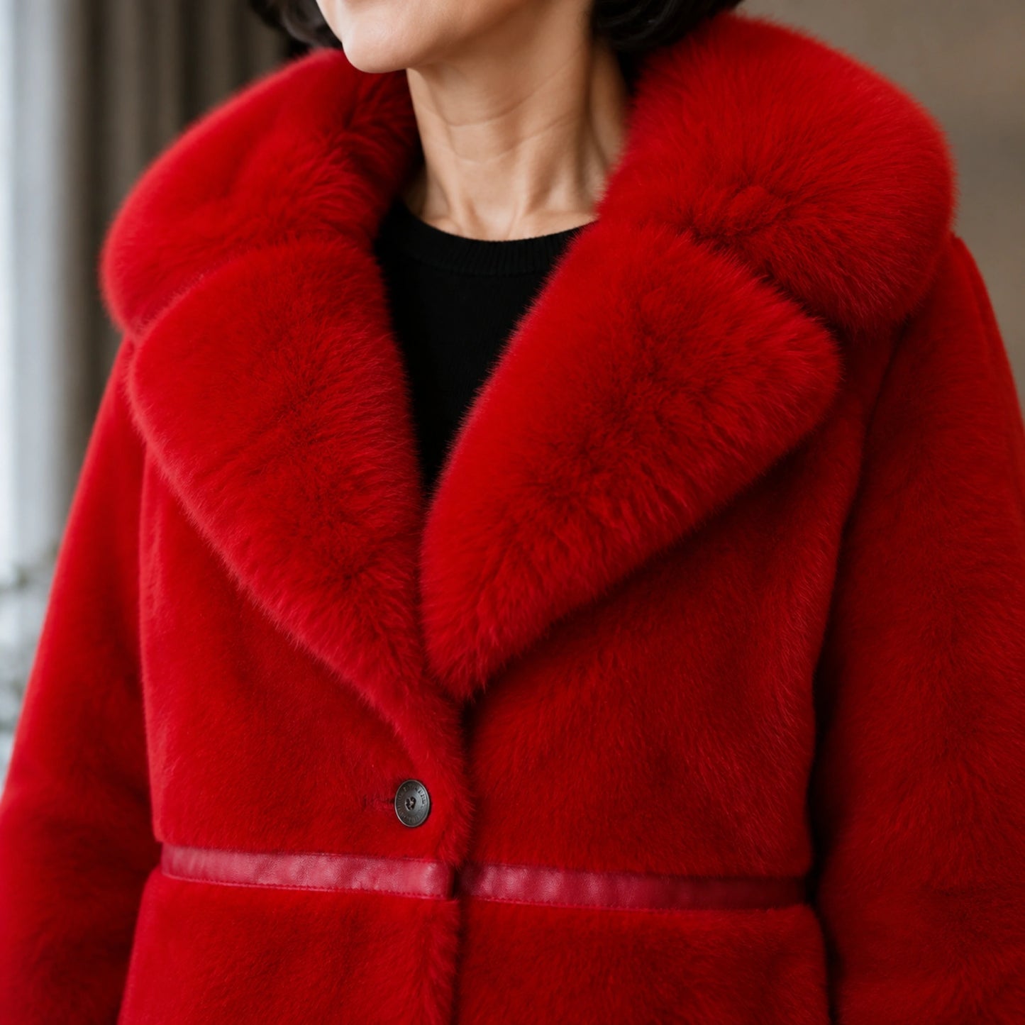 Stella red coat faux fur collar and panel trim detail — view 4