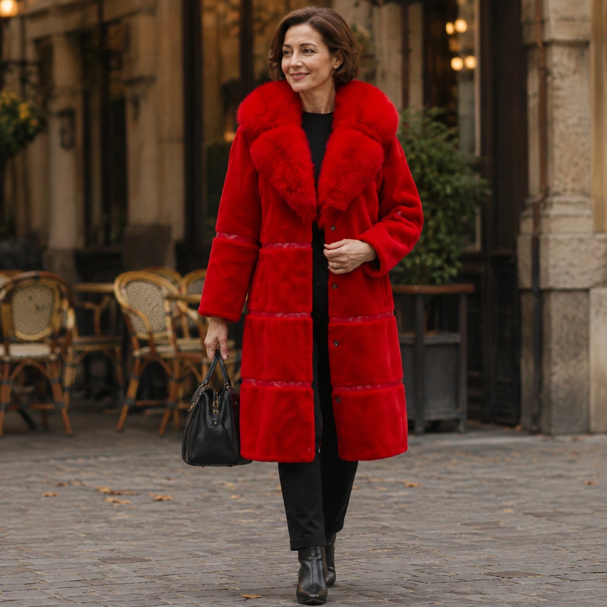 Woman wearing the Stella red coat outside an autumn cafe — view 5