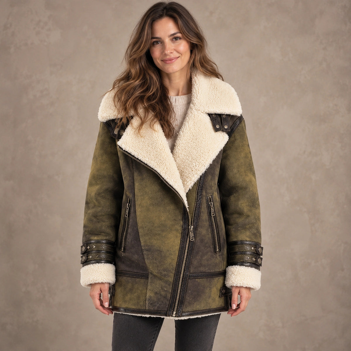 sherpa jacket — Women's Distressed Sherpa Lined Jacket — Mila — Olive Green — complete front view, image