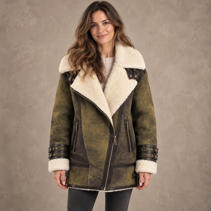 sherpa jacket — Women's Distressed Sherpa Lined Jacket — Mila — Olive Green — complete front view, image
