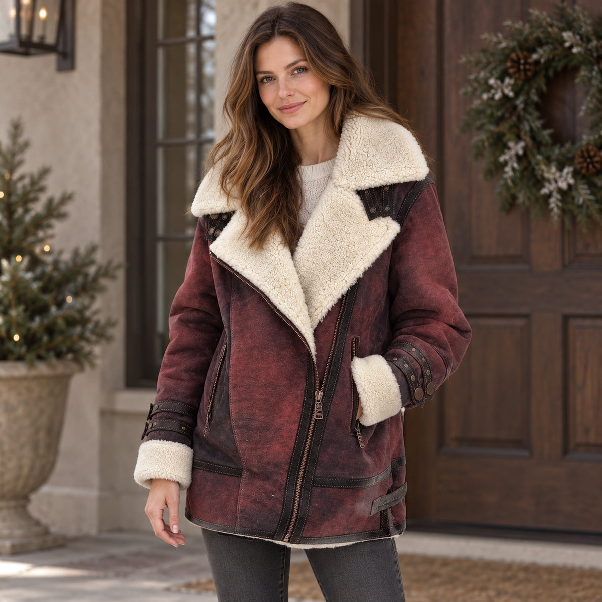 sherpa jacket — Women's Distressed Sherpa Lined Jacket — Mila — Burgundy — complete garment from a shallow 20 degree — view 6