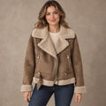sherpa jacket — Women's Sherpa Lined Biker Jacket — Amira — Brown — complete front view, image