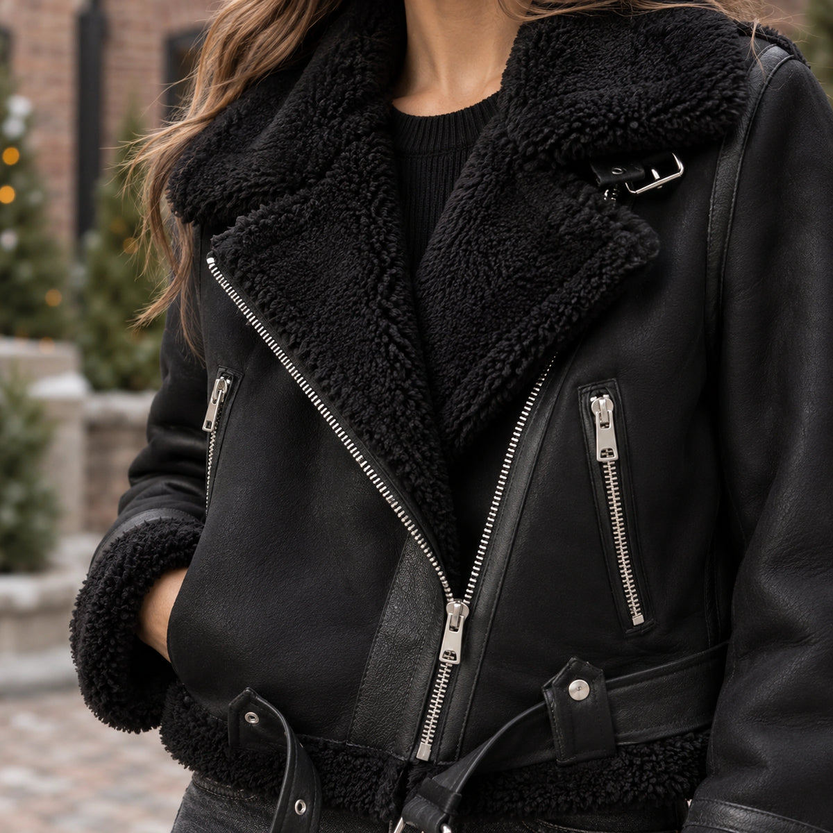 sherpa jacket — Women's Sherpa Lined Biker Jacket — Amira — Black — close up of the lapel and diagonal silver zip — view 10