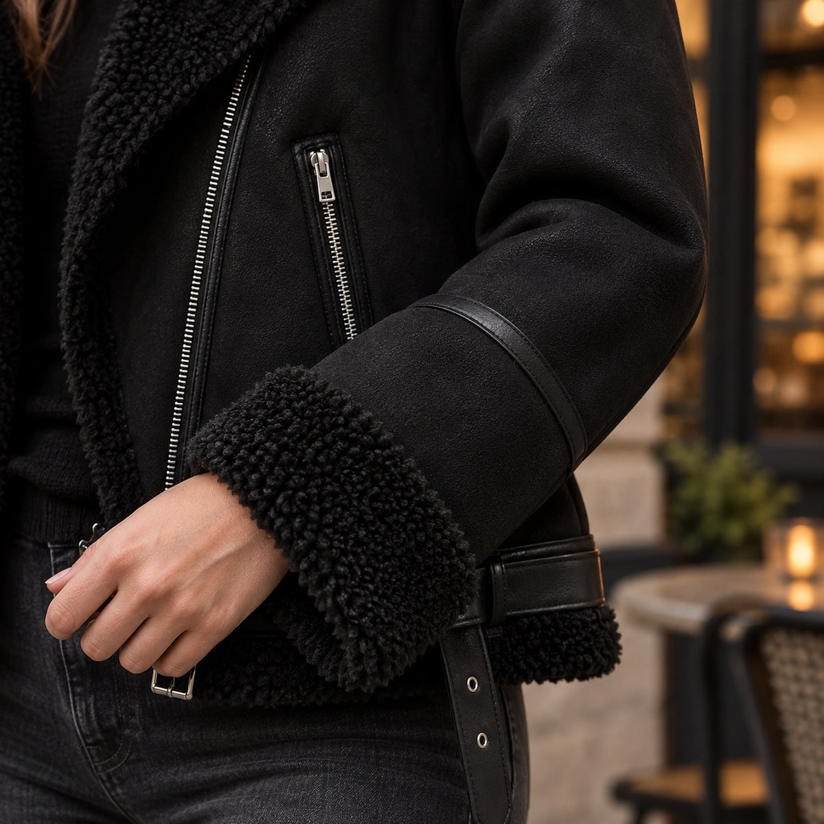 sherpa jacket — Women's Sherpa Lined Biker Jacket — Amira — Black — close up of the plush cuff and sleeve trim — view 12