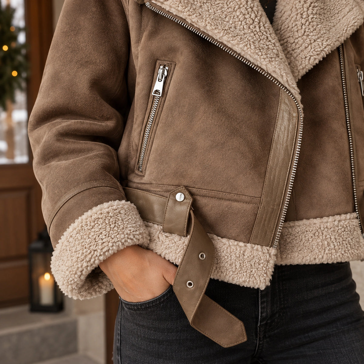 sherpa jacket — Women's Sherpa Lined Biker Jacket — Amira — Brown — close up of the belt end and beige lower hem — view 13