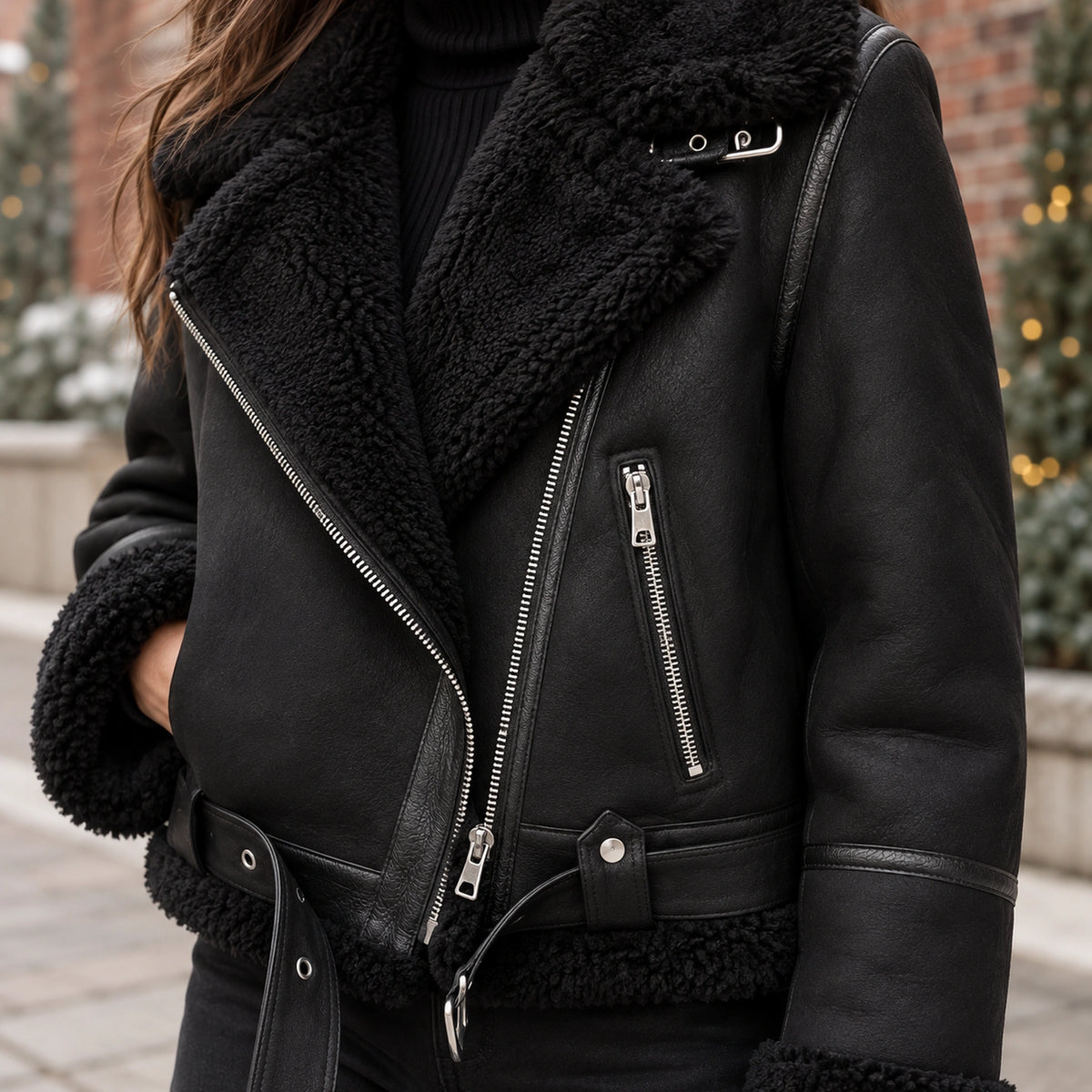 sherpa jacket — Women's Sherpa Lined Biker Jacket — Amira — Black — close up of the outer texture and pocket zipper — view 14