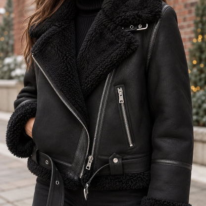 sherpa jacket — Women's Sherpa Lined Biker Jacket — Amira — Black — close up of the outer texture and pocket zipper — view 14