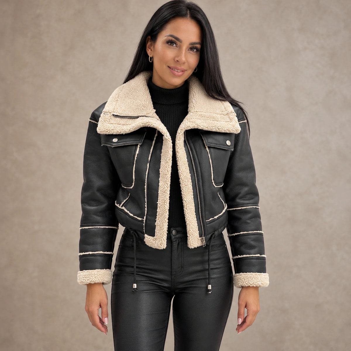 sherpa jacket — Women's Sherpa Lined Cropped Jacket — Zoë — Black — complete front view, image