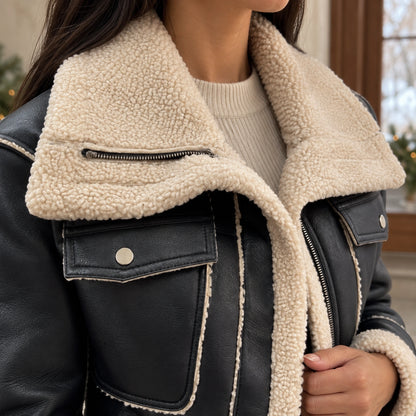 sherpa jacket — Women's Sherpa Lined Cropped Jacket — Zoë — Black — close up of the cream collar with its small — view 10