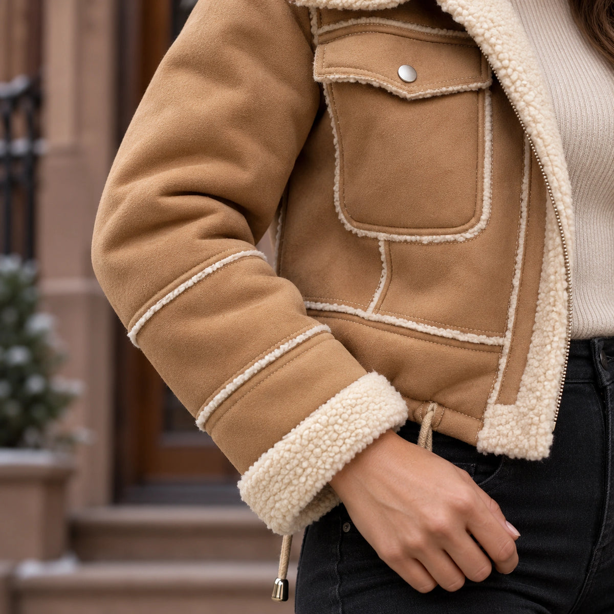 sherpa jacket — Women's Sherpa Lined Cropped Jacket — Zoë — Camel — close up of the sleeve panel seams and cream — view 12