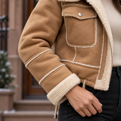 sherpa jacket — Women's Sherpa Lined Cropped Jacket — Zoë — Camel — close up of the sleeve panel seams and cream — view 12