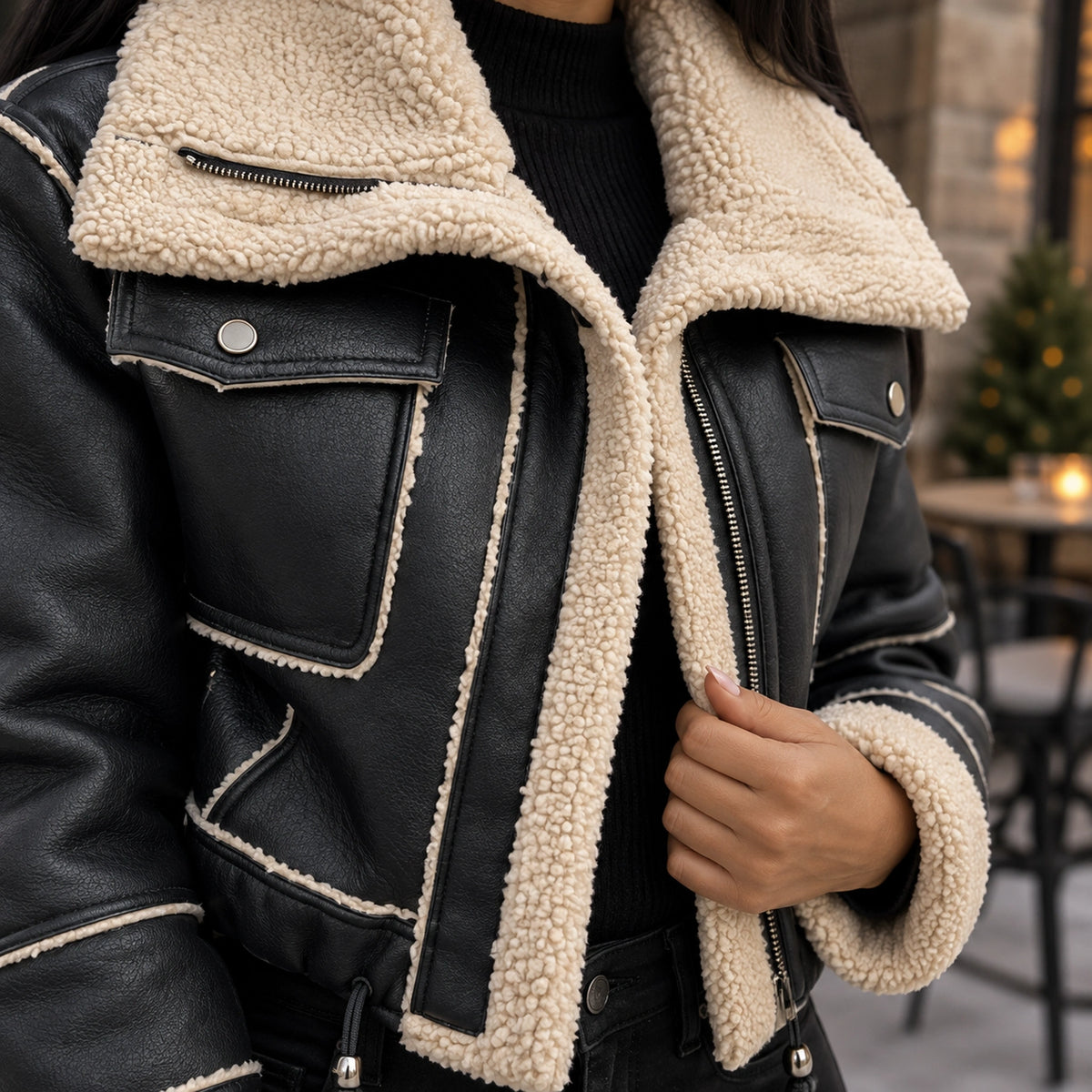 sherpa jacket — Women's Sherpa Lined Cropped Jacket — Zoë — Black — close up of the front opening zip and cream — view 13