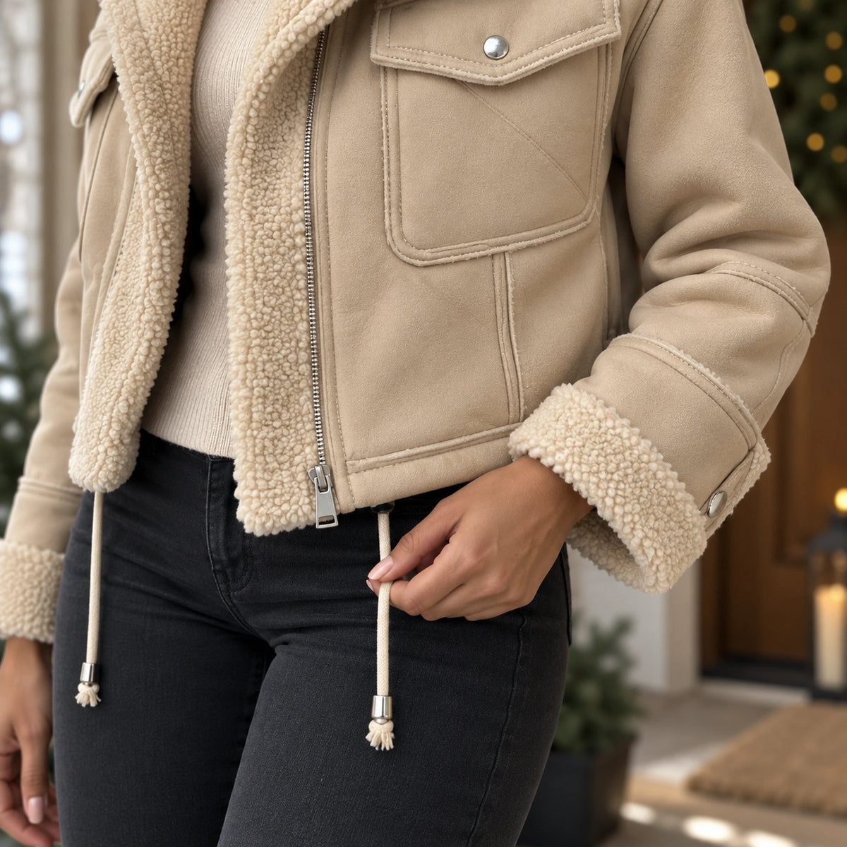 sherpa jacket — Women's Sherpa Lined Cropped Jacket — Zoë — Beige — close up of the lower hem and drawcord — view 14