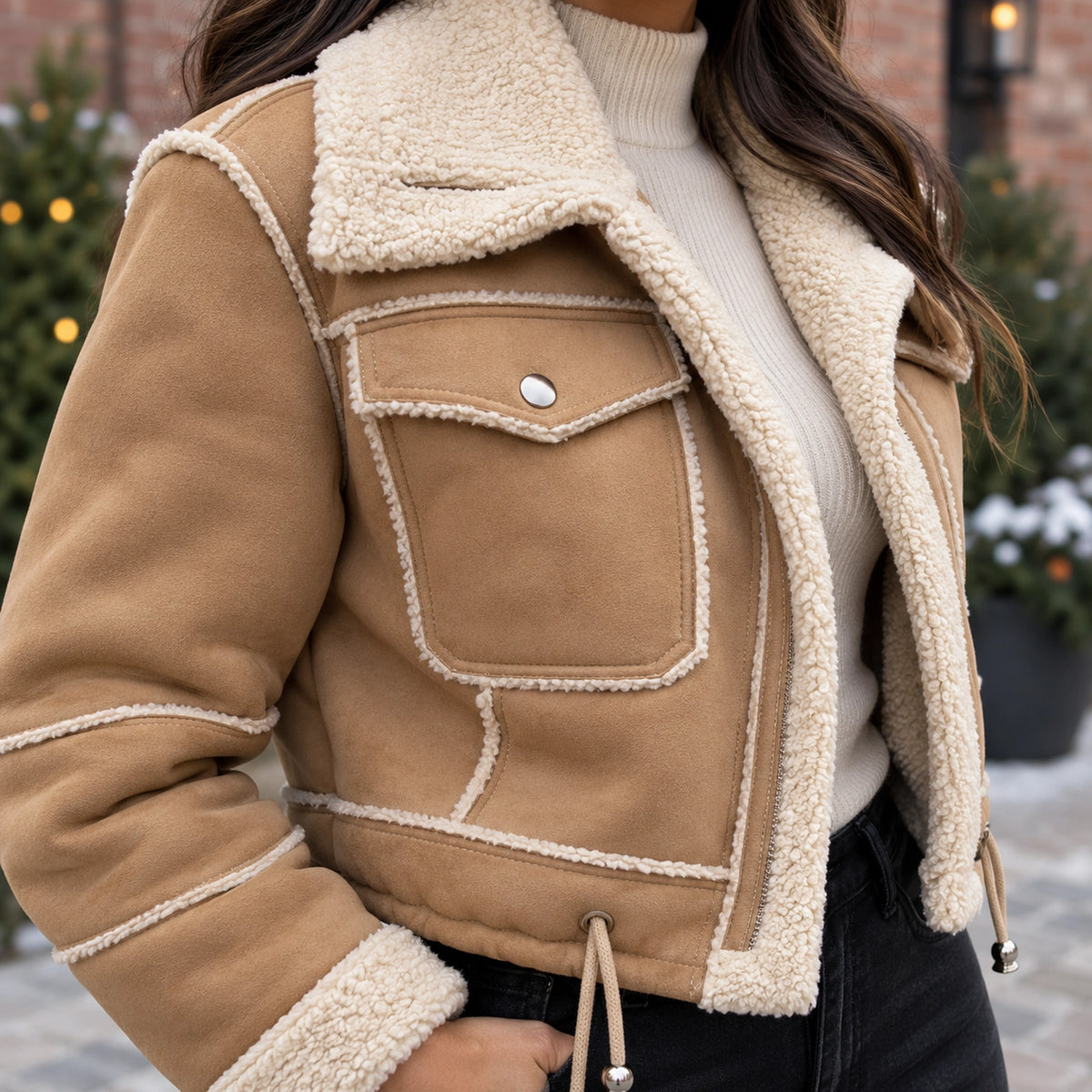 sherpa jacket — Women's Sherpa Lined Cropped Jacket — Zoë — Camel — close up of the chest flap pocket and cream — view 15