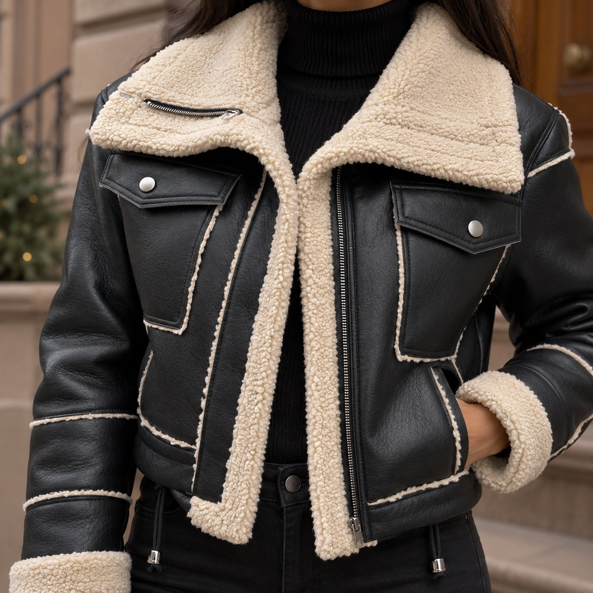 sherpa jacket — Women's Sherpa Lined Cropped Jacket — Zoë — Black — close up of the shell texture and exposed cream — view 16