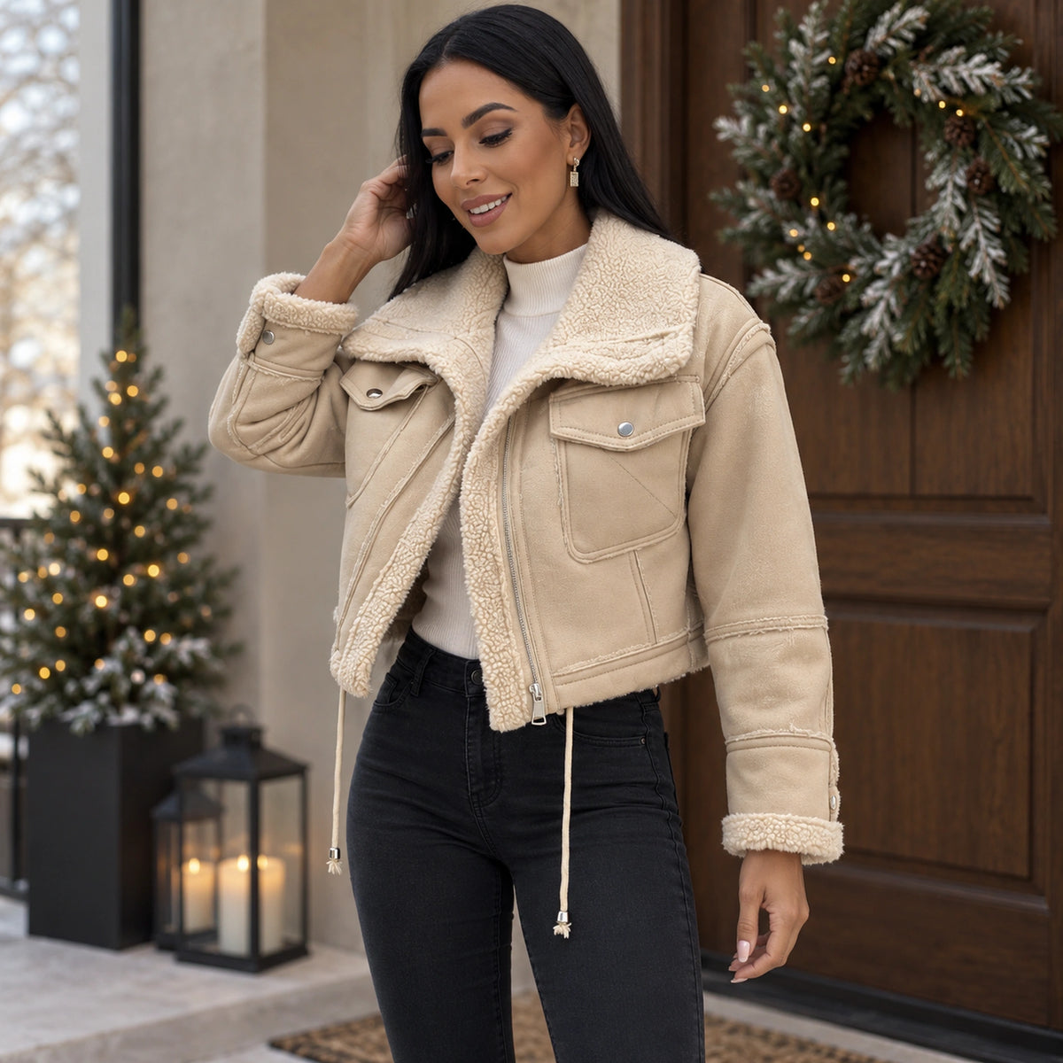 sherpa jacket — Women's Sherpa Lined Cropped Jacket — Zoë — Beige — complete garment from a shallow 20 degree front — view 5