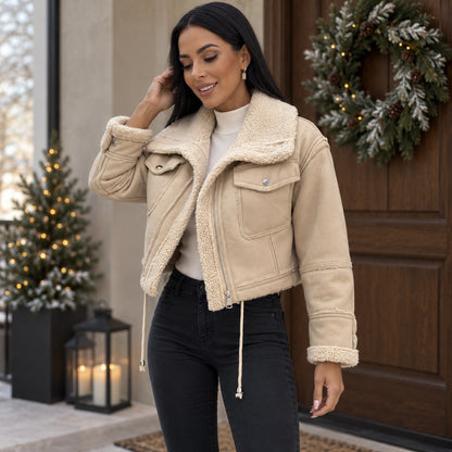 sherpa jacket — Women's Sherpa Lined Cropped Jacket — Zoë — Beige — complete garment from a shallow 20 degree front — view 5