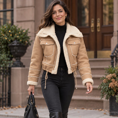 sherpa jacket — Women's Sherpa Lined Cropped Jacket — Zoë — Camel — complete garment in a gentle walking pose toward — view 7