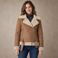 sherpa jacket — Women's Sherpa Trimmed Biker Jacket — Sophie — Brown — complete front view, image