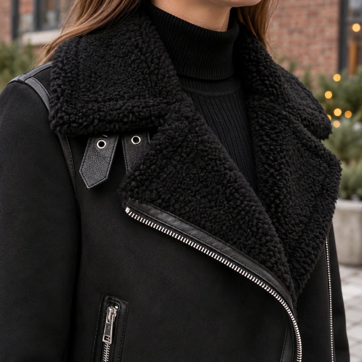 sherpa jacket — Women's Sherpa Trimmed Biker Jacket — Sophie — Black — close up of the plush lapel and throat tab — view 10