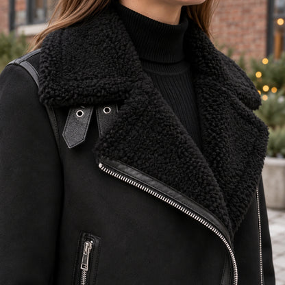 sherpa jacket — Women's Sherpa Trimmed Biker Jacket — Sophie — Black — close up of the plush lapel and throat tab — view 10