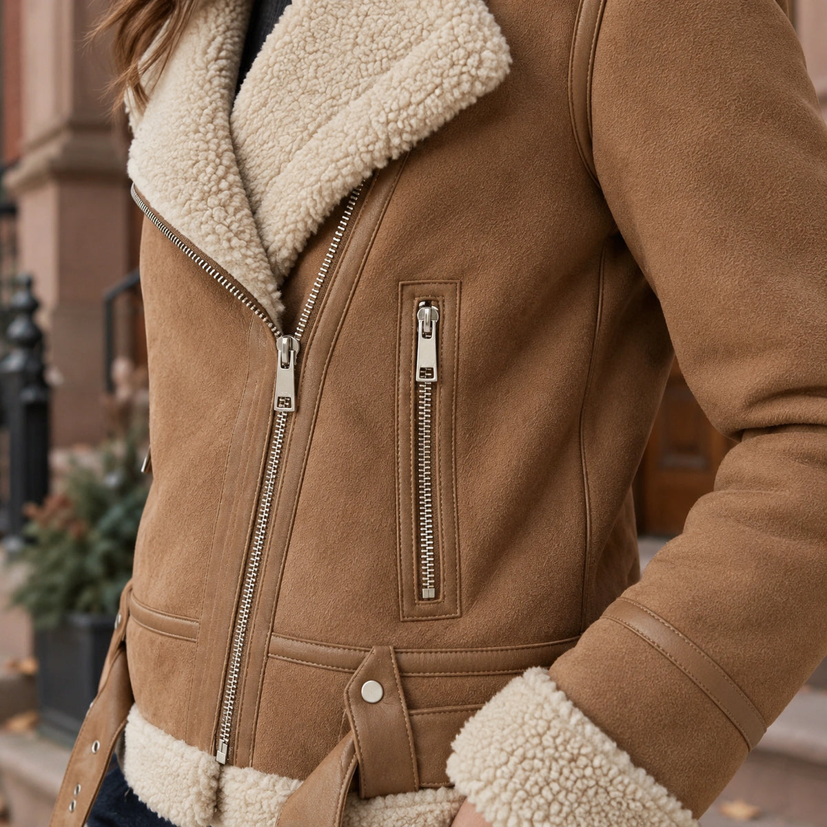 sherpa jacket — Women's Sherpa Trimmed Biker Jacket — Sophie — Brown — close up of the outer material and slim — view 11