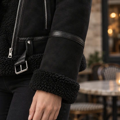 sherpa jacket — Women's Sherpa Trimmed Biker Jacket — Sophie — Black — close up of the folded cuff and sleeve trim — view 12