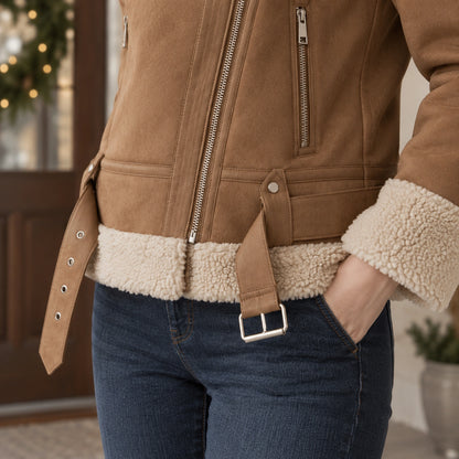 sherpa jacket — Women's Sherpa Trimmed Biker Jacket — Sophie — Brown — close up of the waist belt buckle and cream — view 13