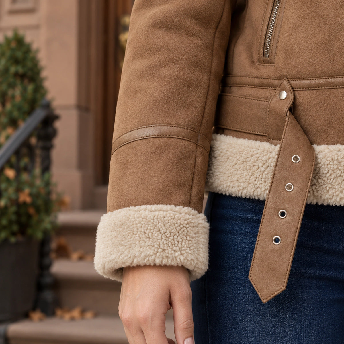 sherpa jacket — Women's Sherpa Trimmed Biker Jacket — Sophie — Brown — close up of the sleeve seam and cream cuff — view 15